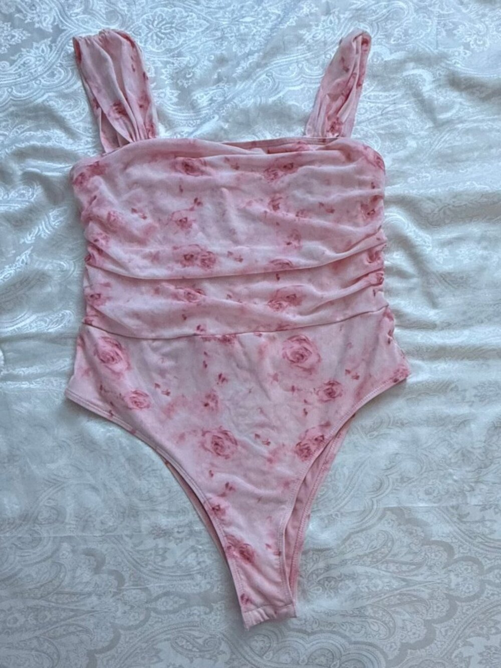 SHEIN Pink Floral Ruched Bodysuit — L